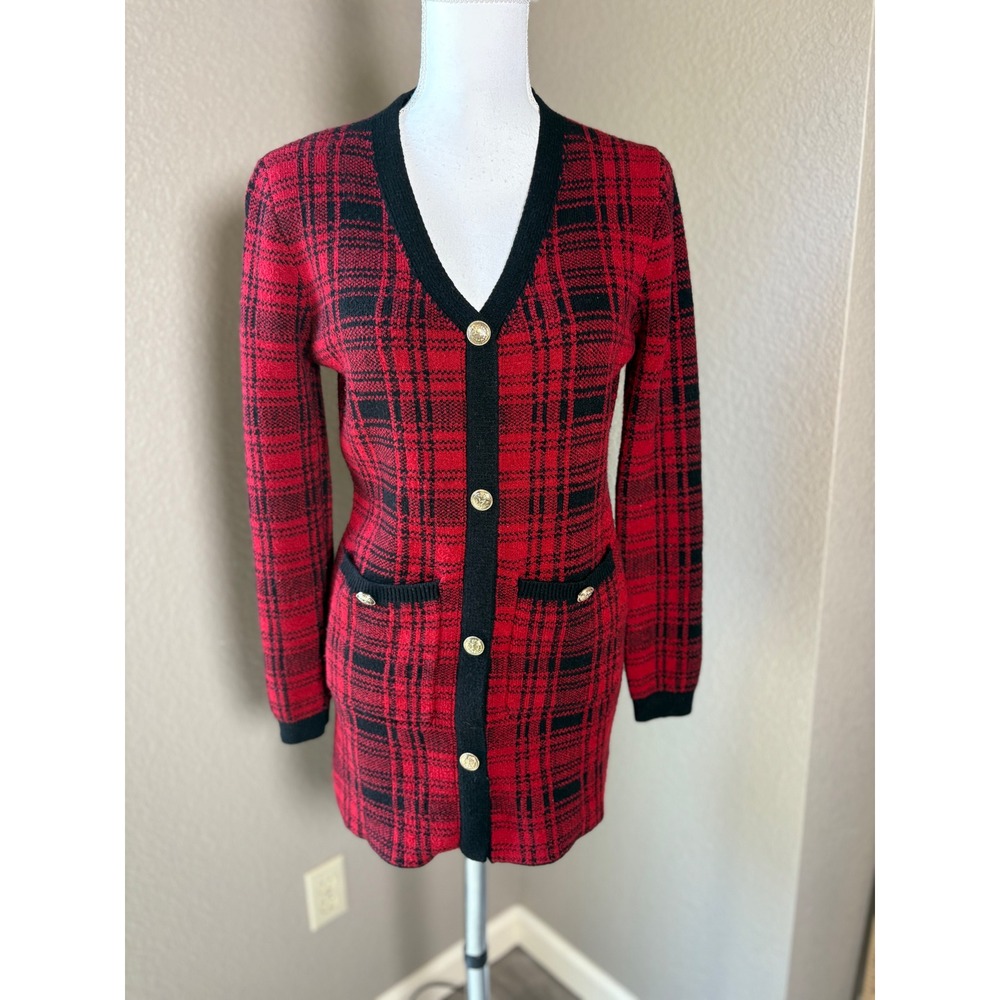 Fashion Nova Womens XL Red Black Plaid Long Cardigan Mini Dress Gold Buttons